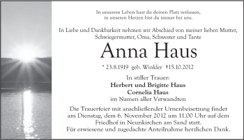 Traueranzeige von Anna Haus von Pegnitz-Zeitung